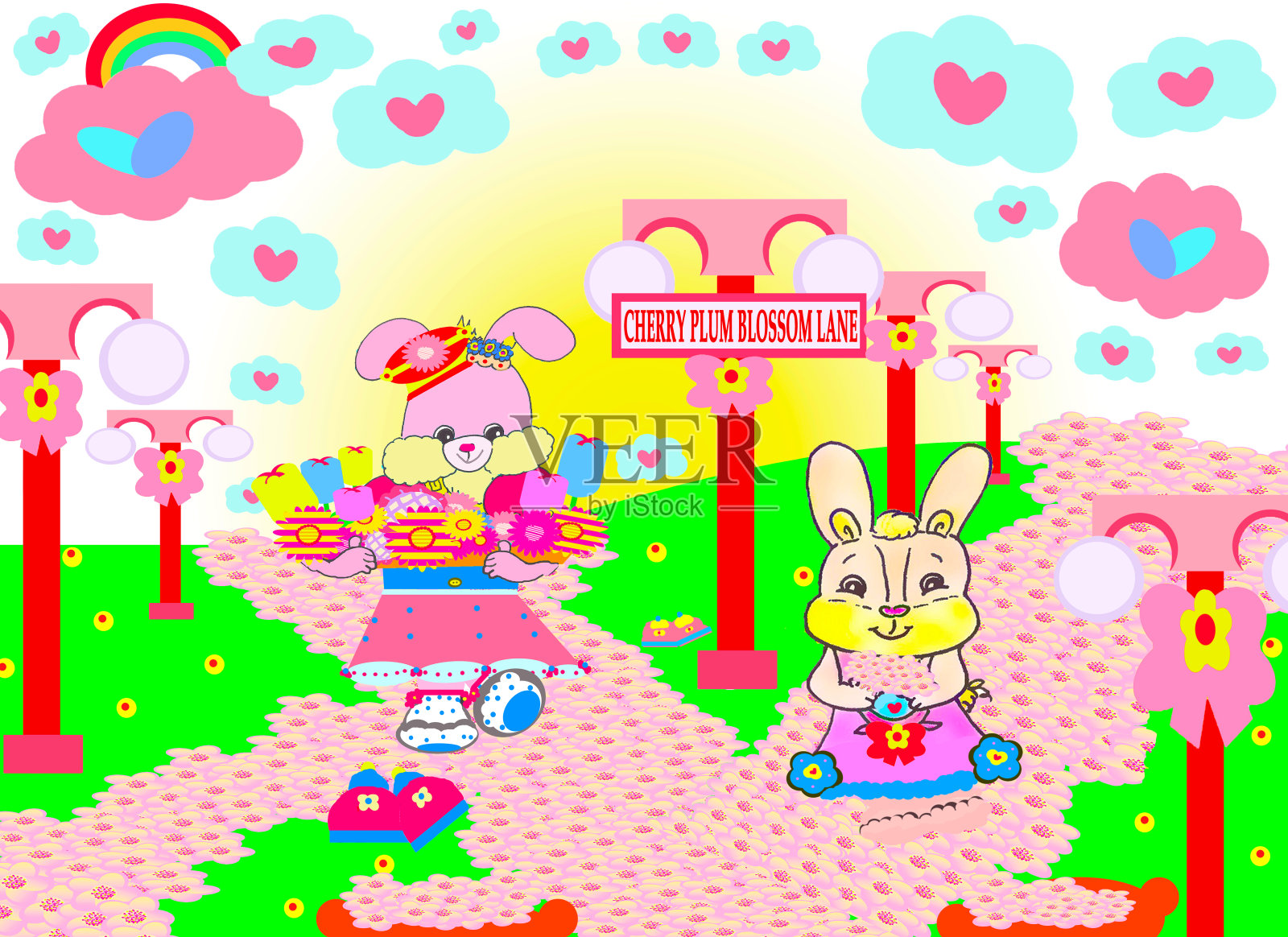 明亮微笑的粉色和棕色卡通女孩兔子，走道地毯上是粉红色的樱花花瓣，公园彩色插图，2022插画图片素材