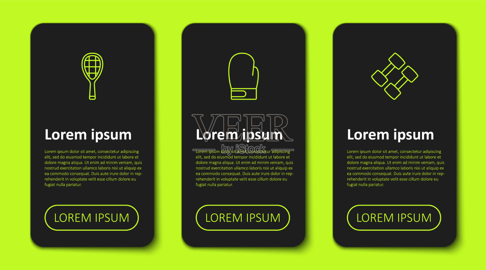 设置线网球拍、拳击手套和哑铃图标素材