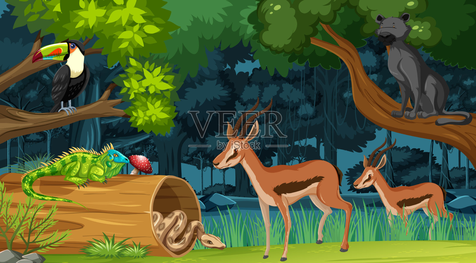 森林景观背景中的野生动物插画图片素材