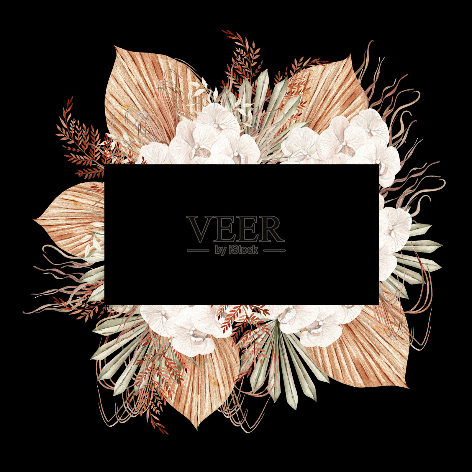 水彩波西米亚婚礼卡手绘热带兰花花的干棕榈叶，潘帕斯的树枝和花。照片摄影图片