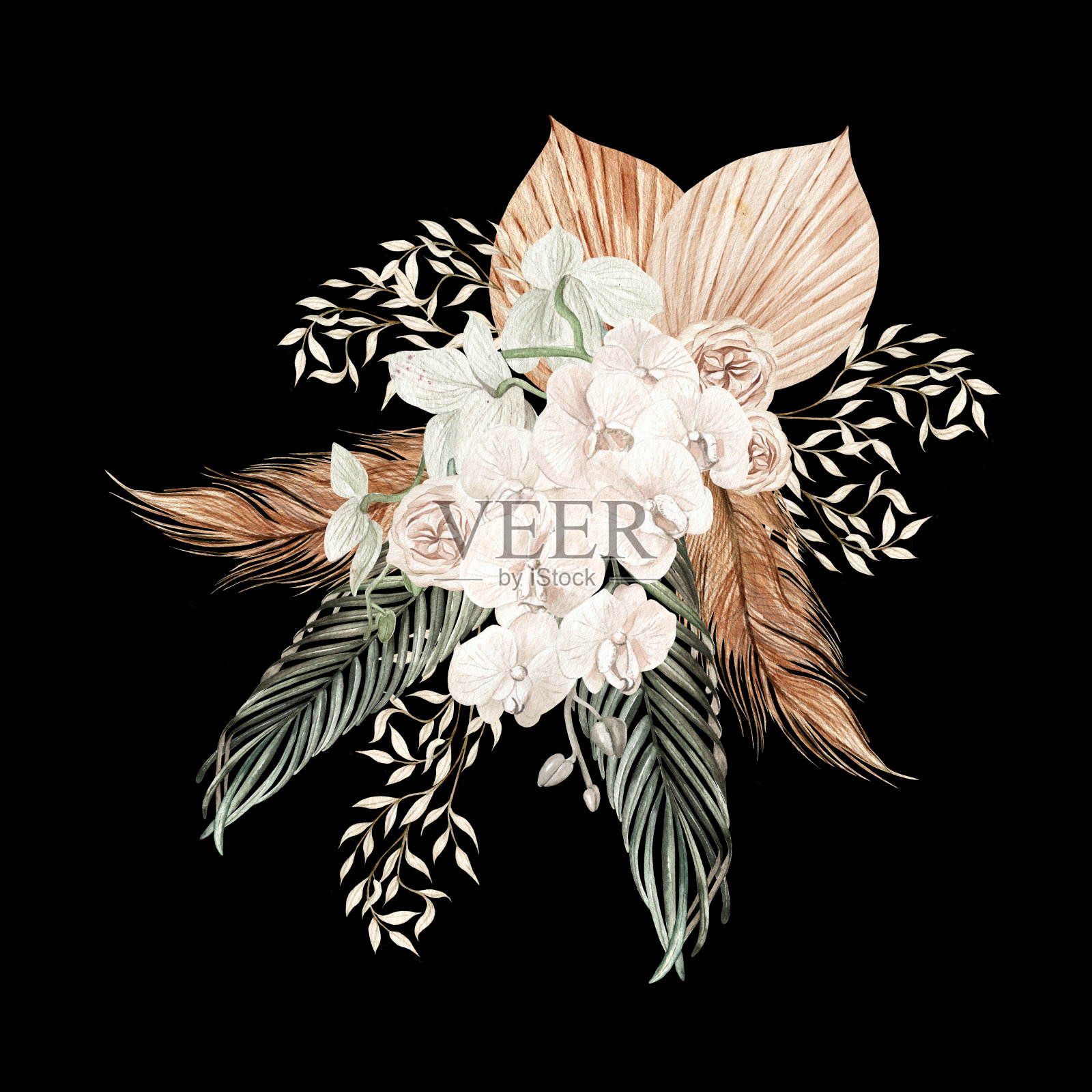 水彩波西米亚花束手绘热带花卉，兰花和干棕榈叶，潘帕斯草原的树枝和玫瑰花。插画图片素材