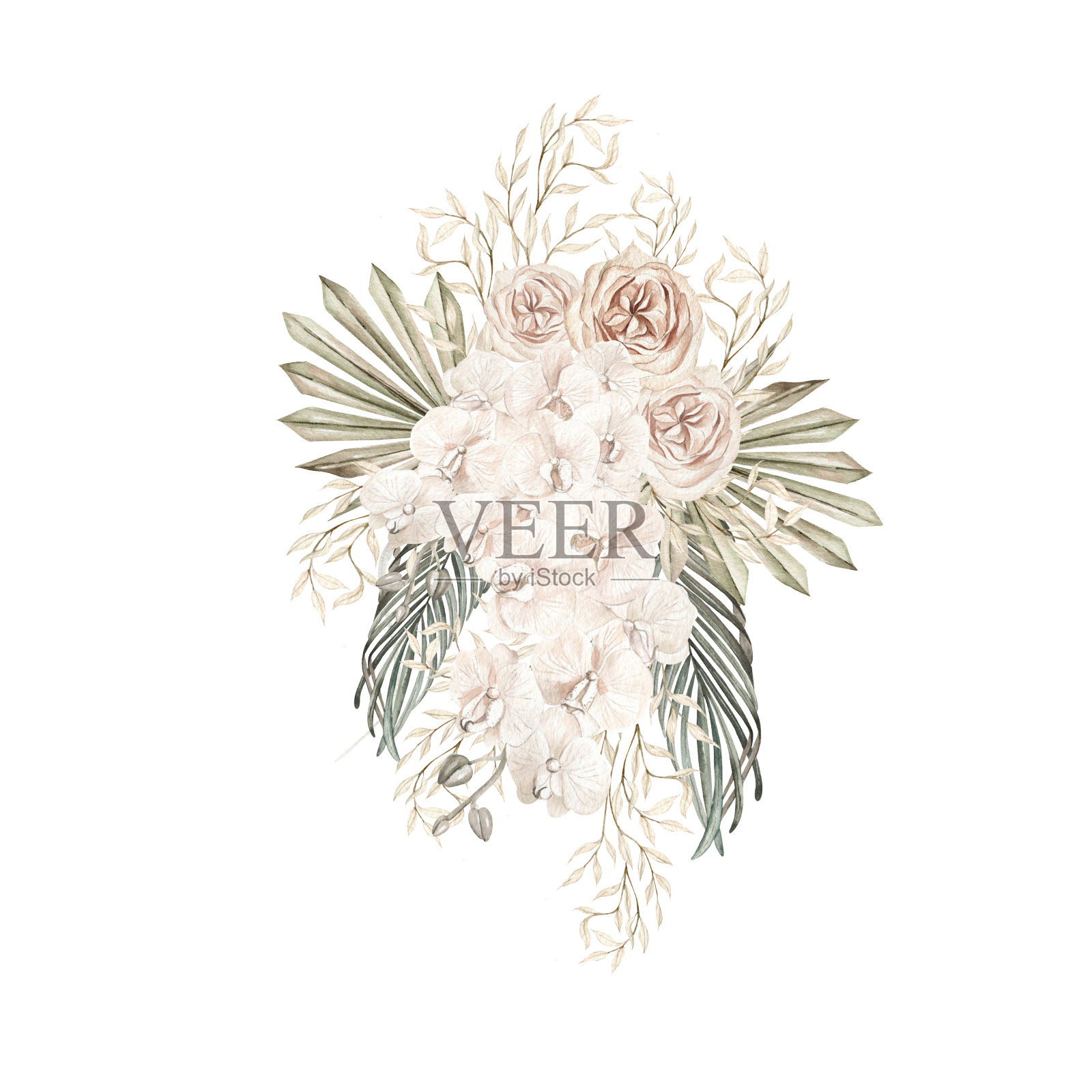 水彩婚礼波西米亚花束与手绘热带花卉兰花和干棕榈叶，潘帕斯树枝和玫瑰花。照片摄影图片