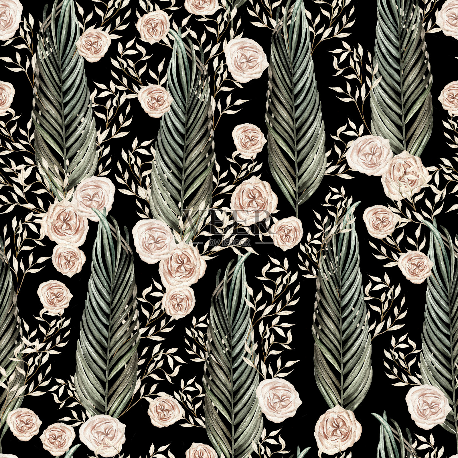 水彩波西米亚无缝图案手绘热带树叶，树枝和玫瑰花。插画图片素材