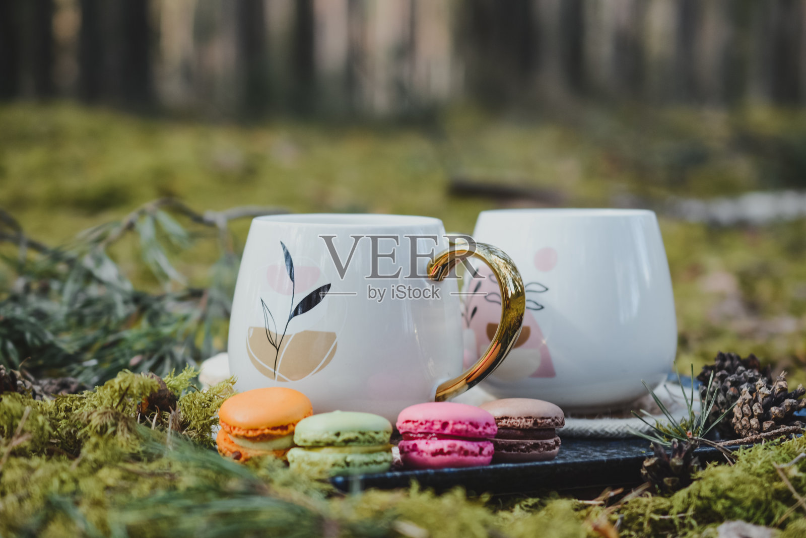 在森林里喝杯热咖啡，吃五颜六色的马卡龙饼干照片摄影图片