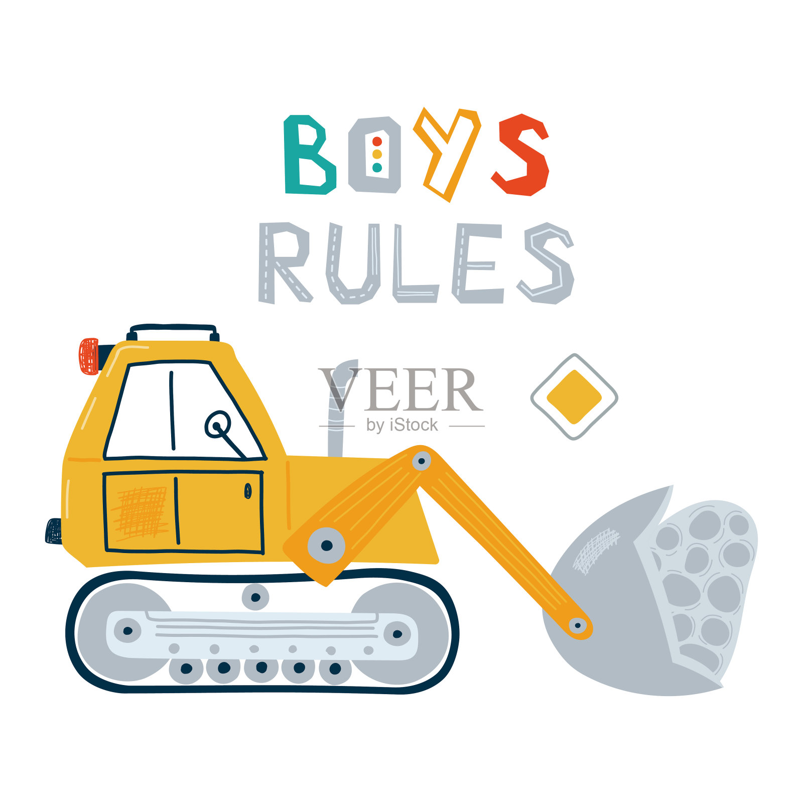 用柔和的颜色打印可爱的建筑车辆，上面写着男孩的规则。为孩子们画的黄色推土机的平面风格。向量插画图片素材