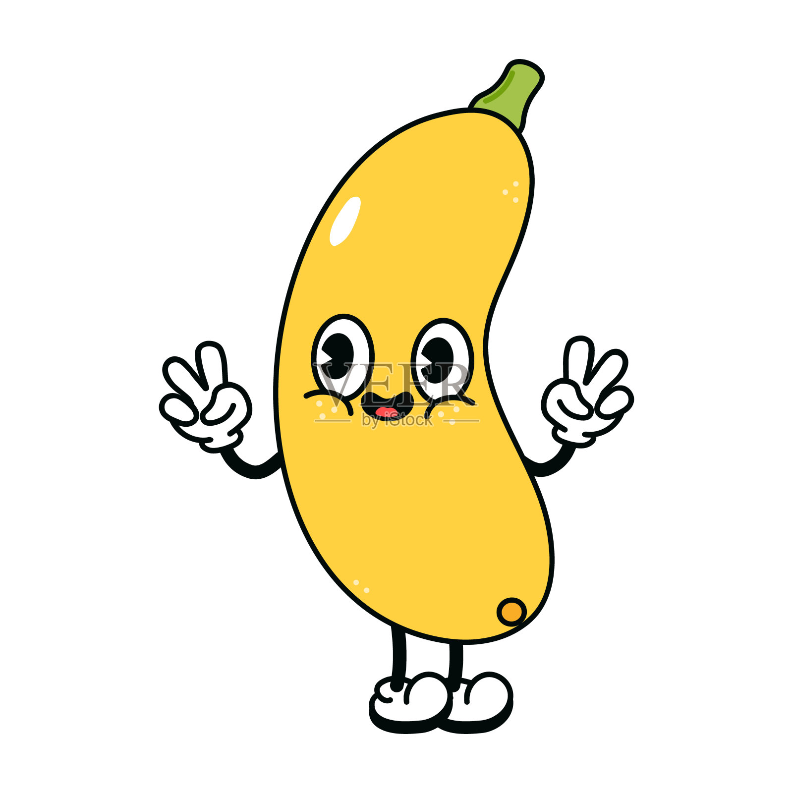 可爱有趣的黄菜骨髓挥手字。矢量手绘传统卡通复古，卡哇伊人物插图图标。孤立的白色背景。西葫芦字符插画图片素材