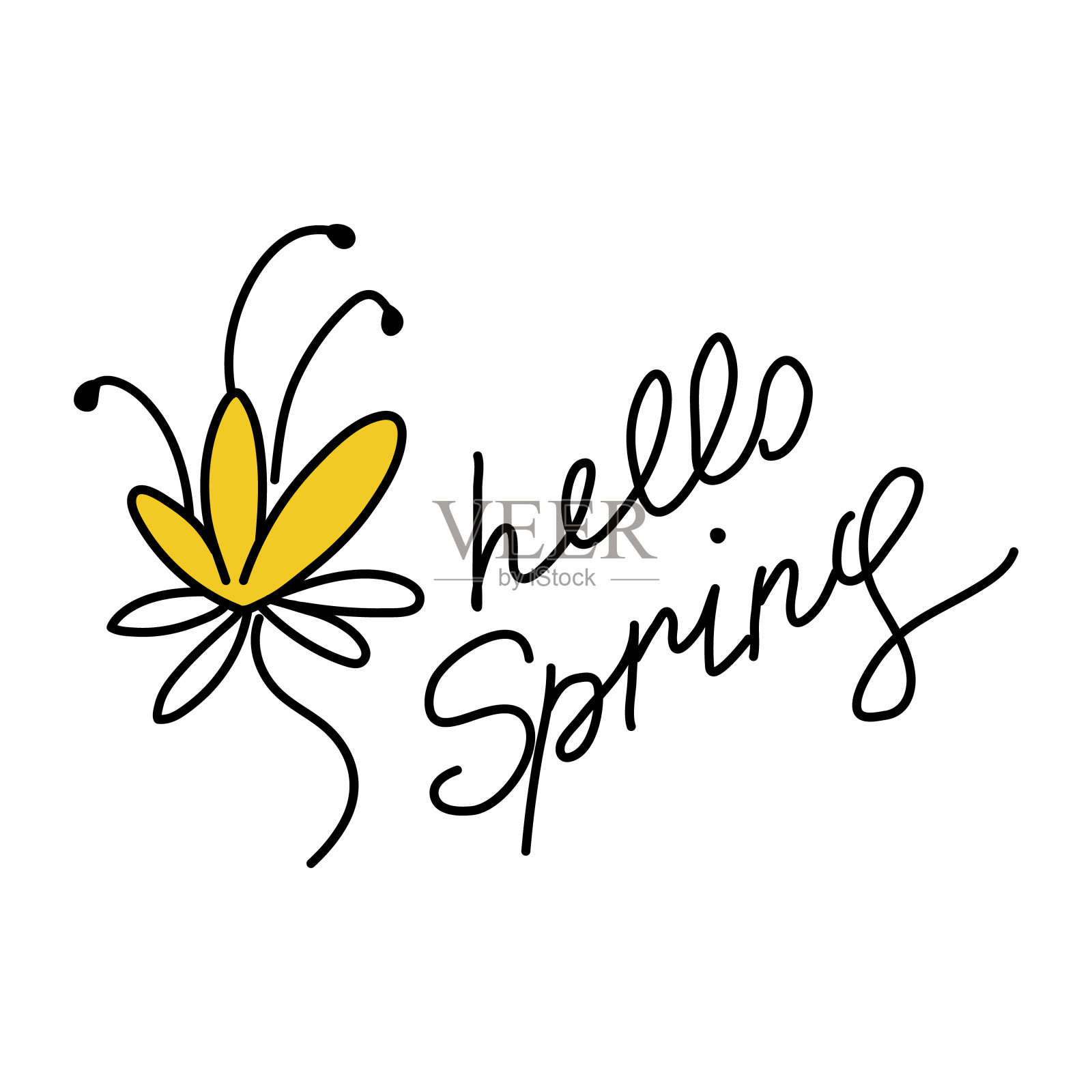 嘟嘟可爱的花。上面写着“你好，春天”。儿童风格的简单图标。潦草的书写文字时尚的剪贴画设计贴纸，包装，印刷品。插画图片素材