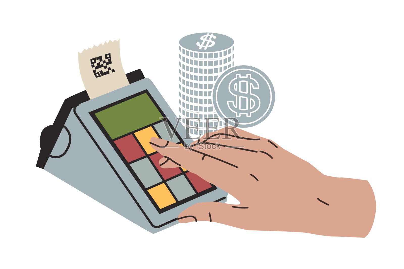 由收银机、货币符号和人手组成。资金周转，非现金支付，购物，购买。开销售收据。平面风格的矢量插图。孤立的元素。插画图片素材
