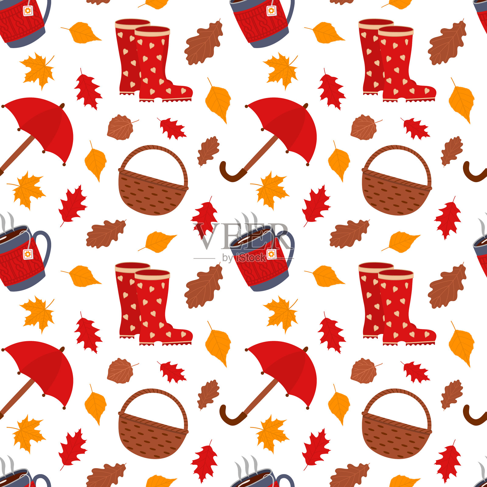 秋季图案雨靴，雨伞和杯子插画图片素材