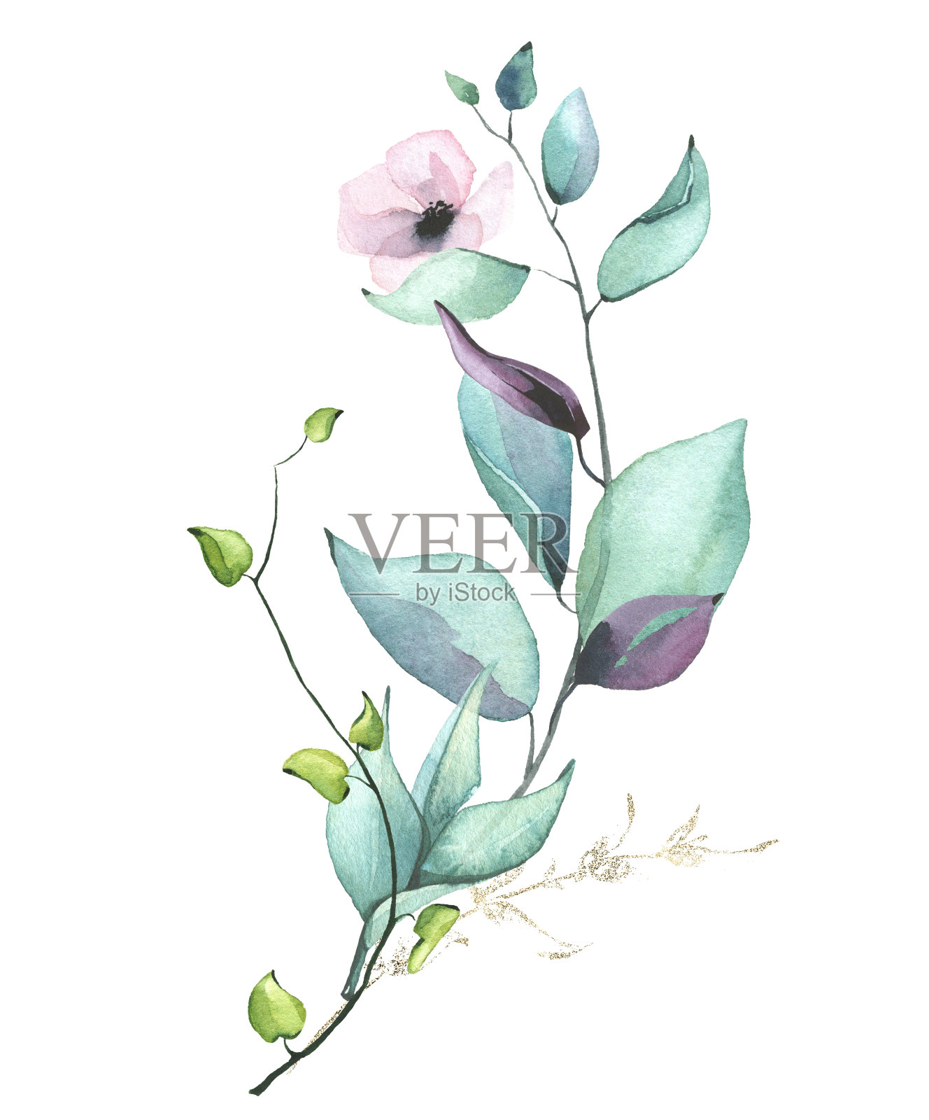 水彩布置以蓝、绿、青、紫、粉花、枝、叶、金粉等图形元素。插画图片素材