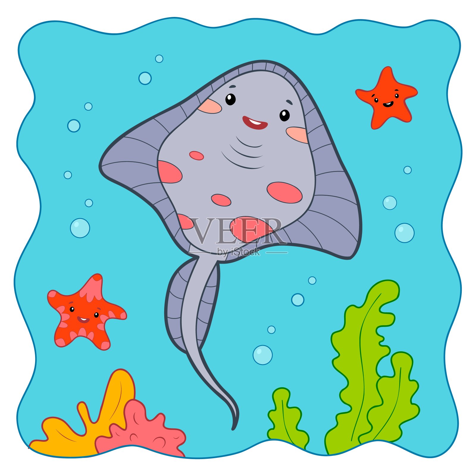 可爱的水下抽筋鱼卡通。Cramp-fish剪纸艺术插画图片素材