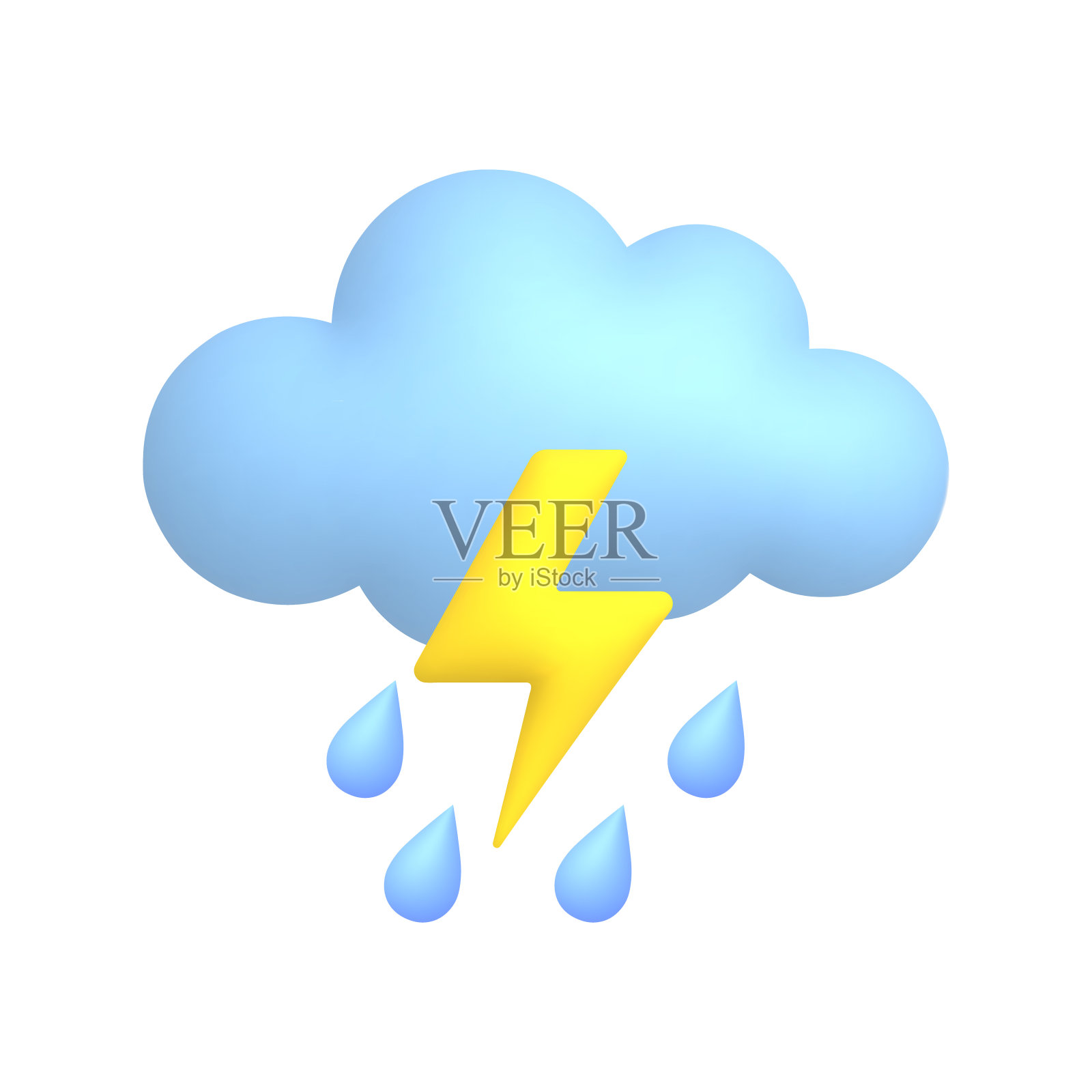 雷雨、云、雨滴和闪电。可爱的天气现实图标。3 d动画。插画图片素材
