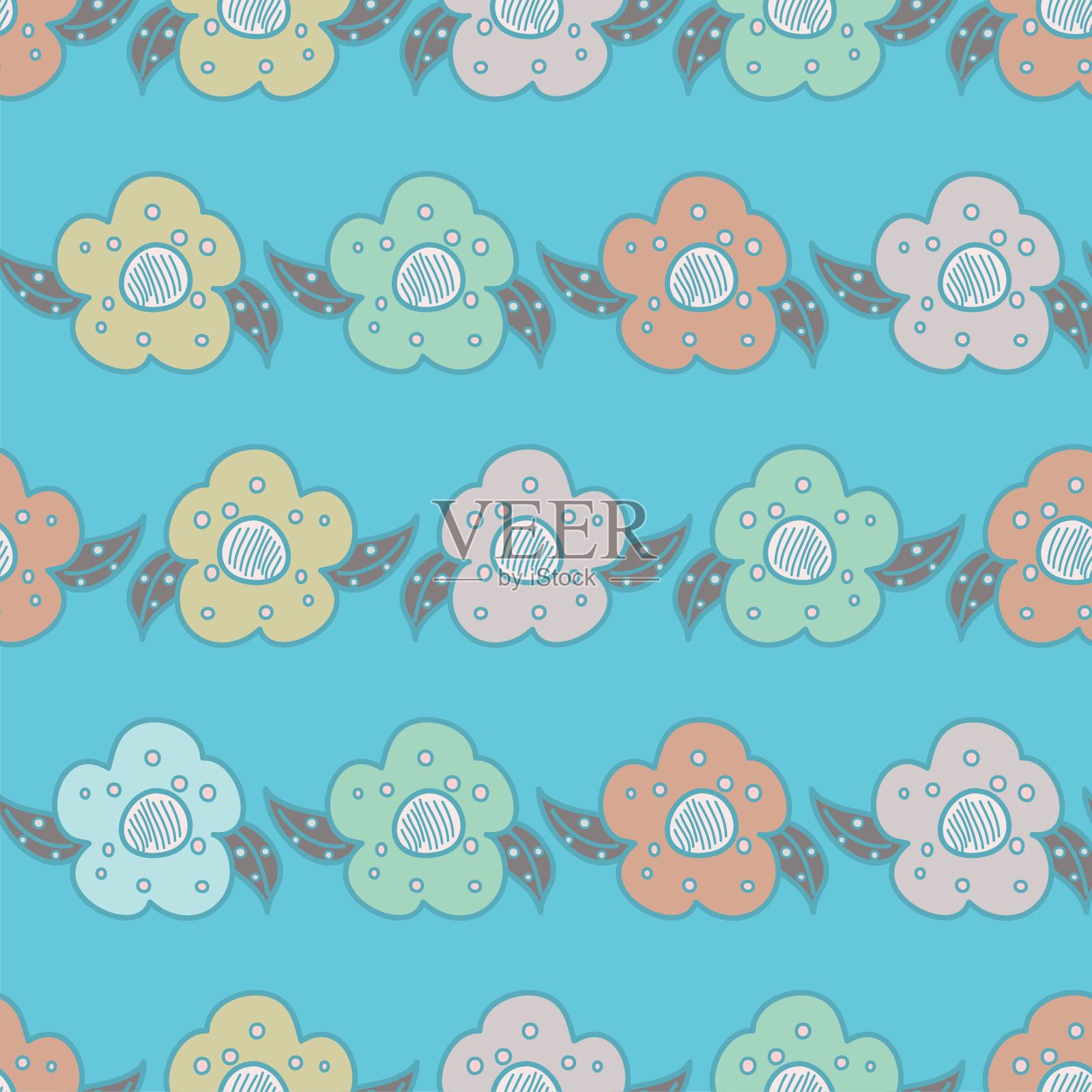 可爱的卡通风格多色花朵在蓝色背景下无缝矢量模式插画图片素材