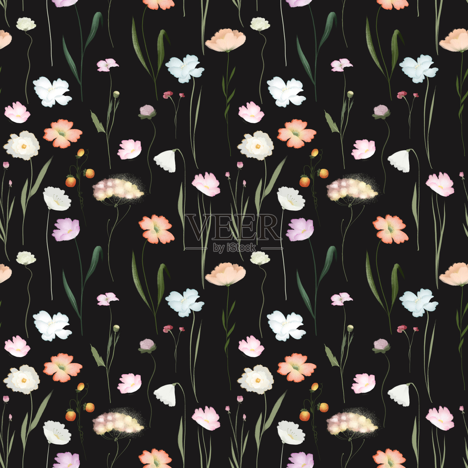 无缝模式的水彩草甸花，草和野花，插图上的黑色背景插画图片素材