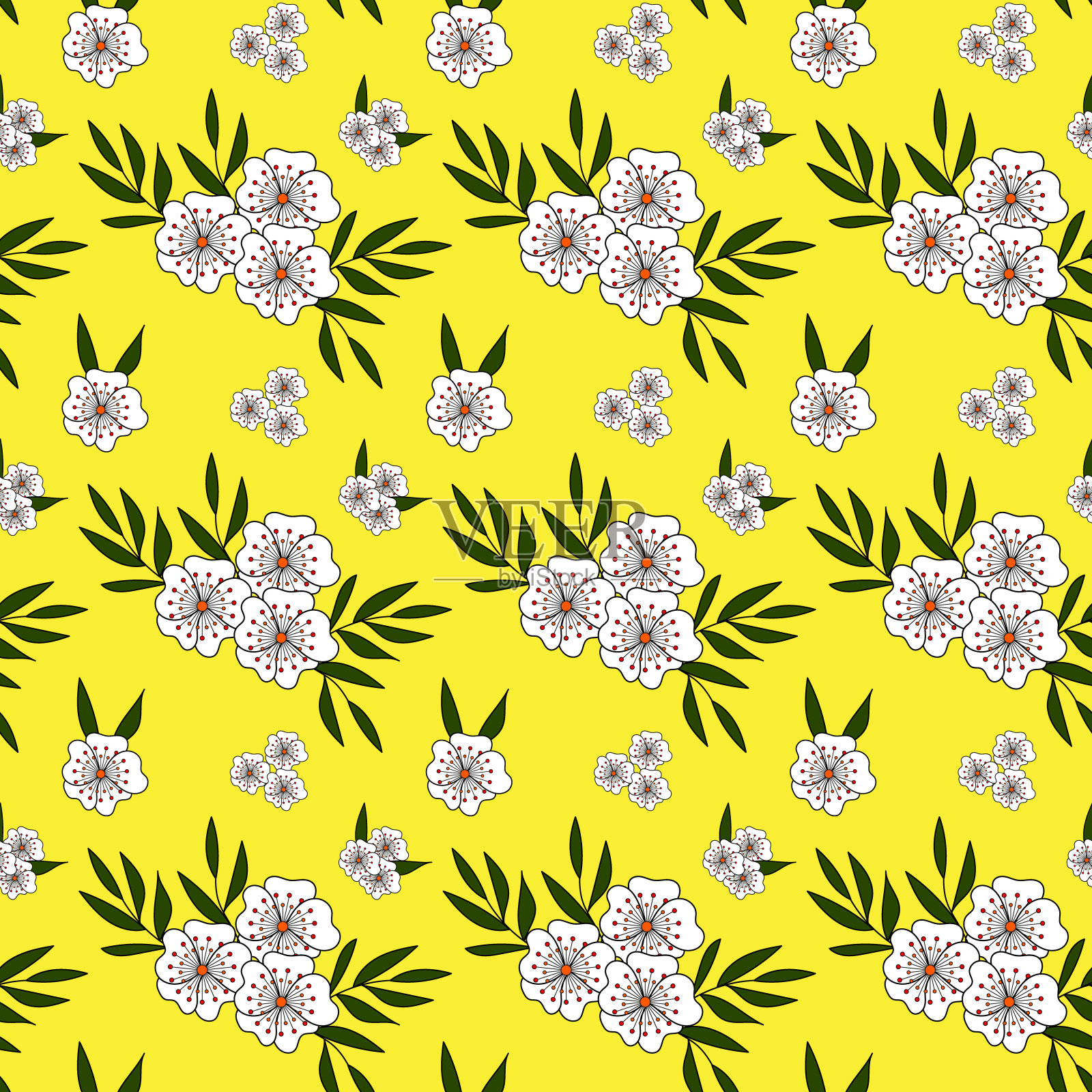 无缝的模式。美妙的白花，深绿色的叶子在黄色的背景下。矢量纹理。趋势打印纺织品，墙纸和包装插画图片素材