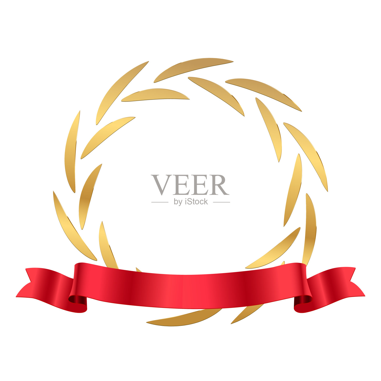 金色圆形月桂花环，红色丝带，3d金色圆形叶边设计元素图片