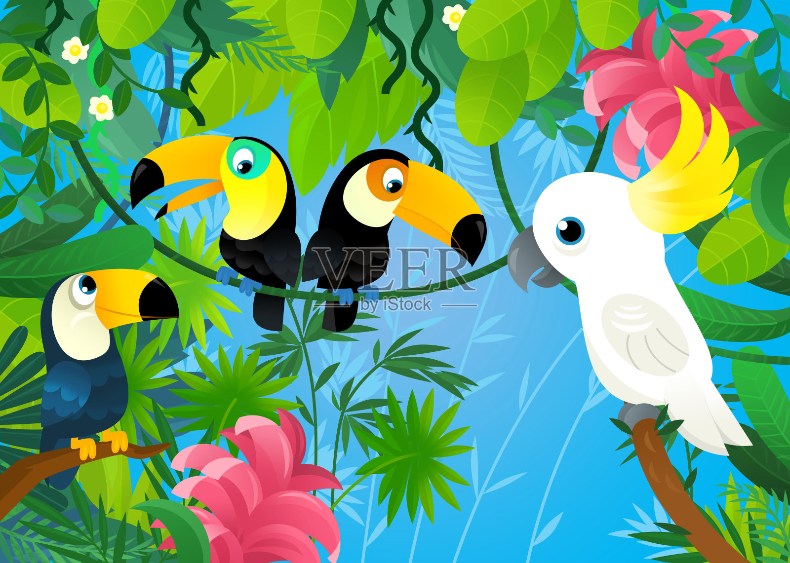 带有丛林动物插图的卡通场景插画图片素材