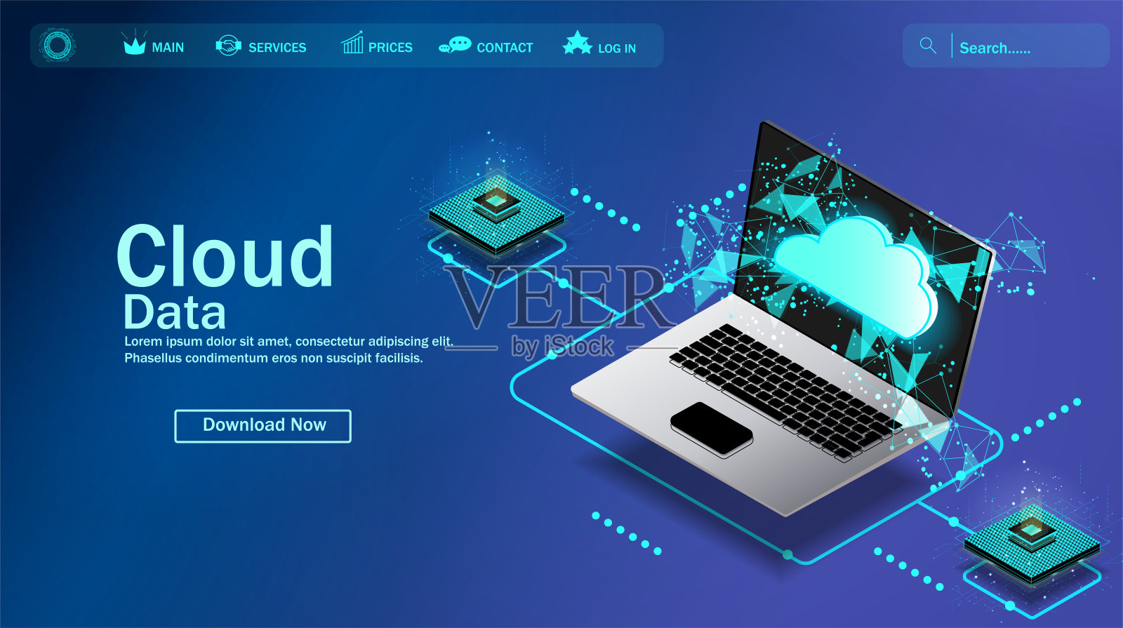 云计算的概念。在笔记本电脑上安全的数据交换。云技术的说明。全球云计算的概念。网络云技术的业务。插画图片素材