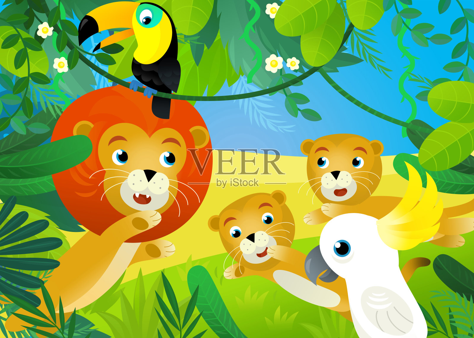 带有丛林动物插图的卡通场景插画图片素材
