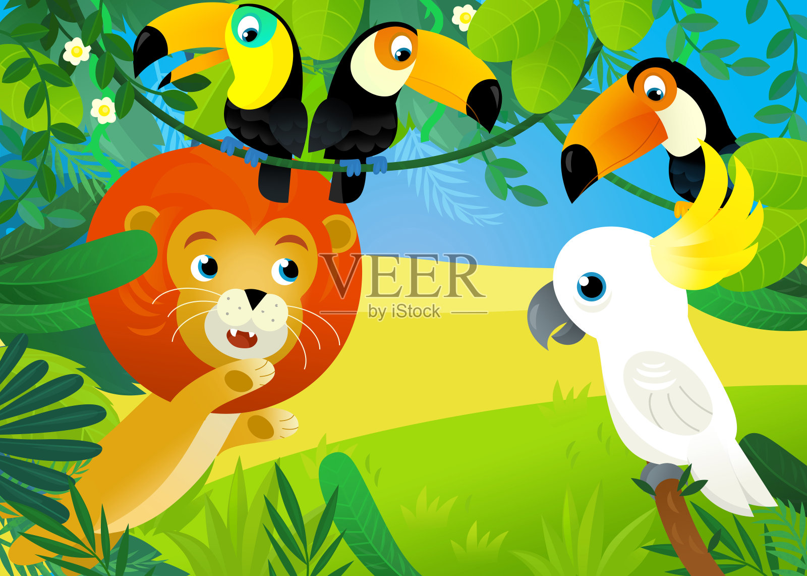 带有丛林动物插图的卡通场景插画图片素材