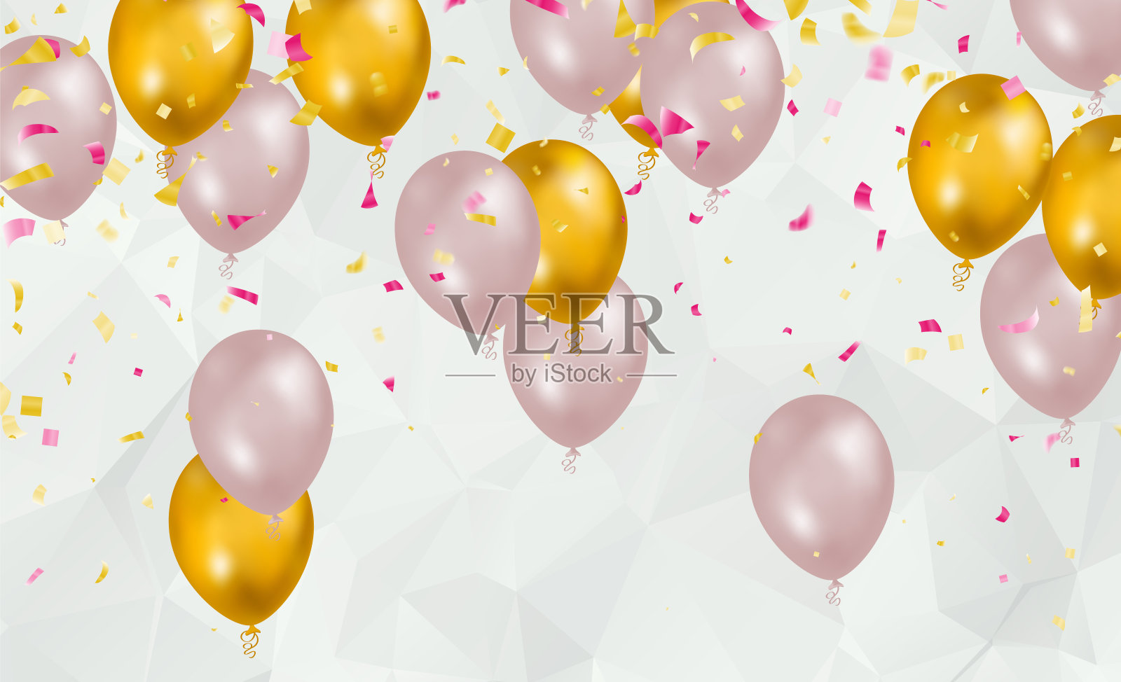 设计金色和粉红色与现实飞行的氦气球。庆典，节日背景，问候横幅，卡片，海报。插画图片素材