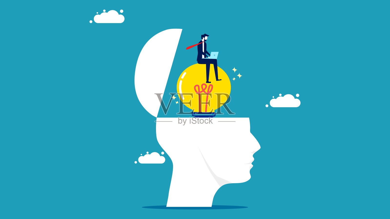 创造性的商业计划和分析。一个正在研究灯泡的商人。业务概念向量插画图片素材