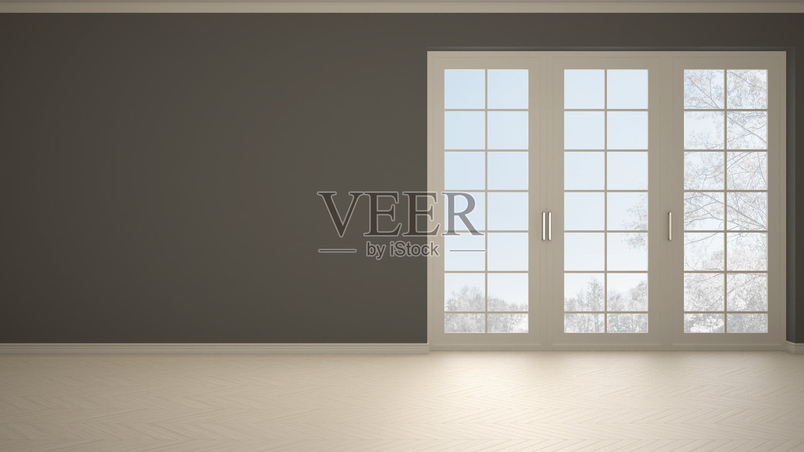 空旷的室内设计，开放的空间，大全景窗，冬季草地，雪和树，拼花人字形木地板，白色和灰色，现代当代建筑照片摄影图片