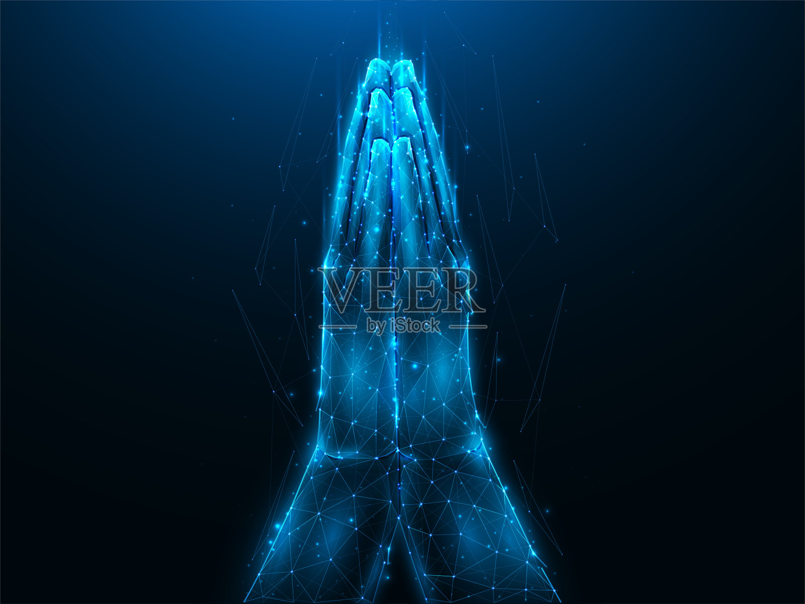 多边形矢量插图祈祷的手在深蓝色的背景。祈祷低聚设计。宗教未来主义旗帜模板或背景。宗教手势概念。插画图片素材