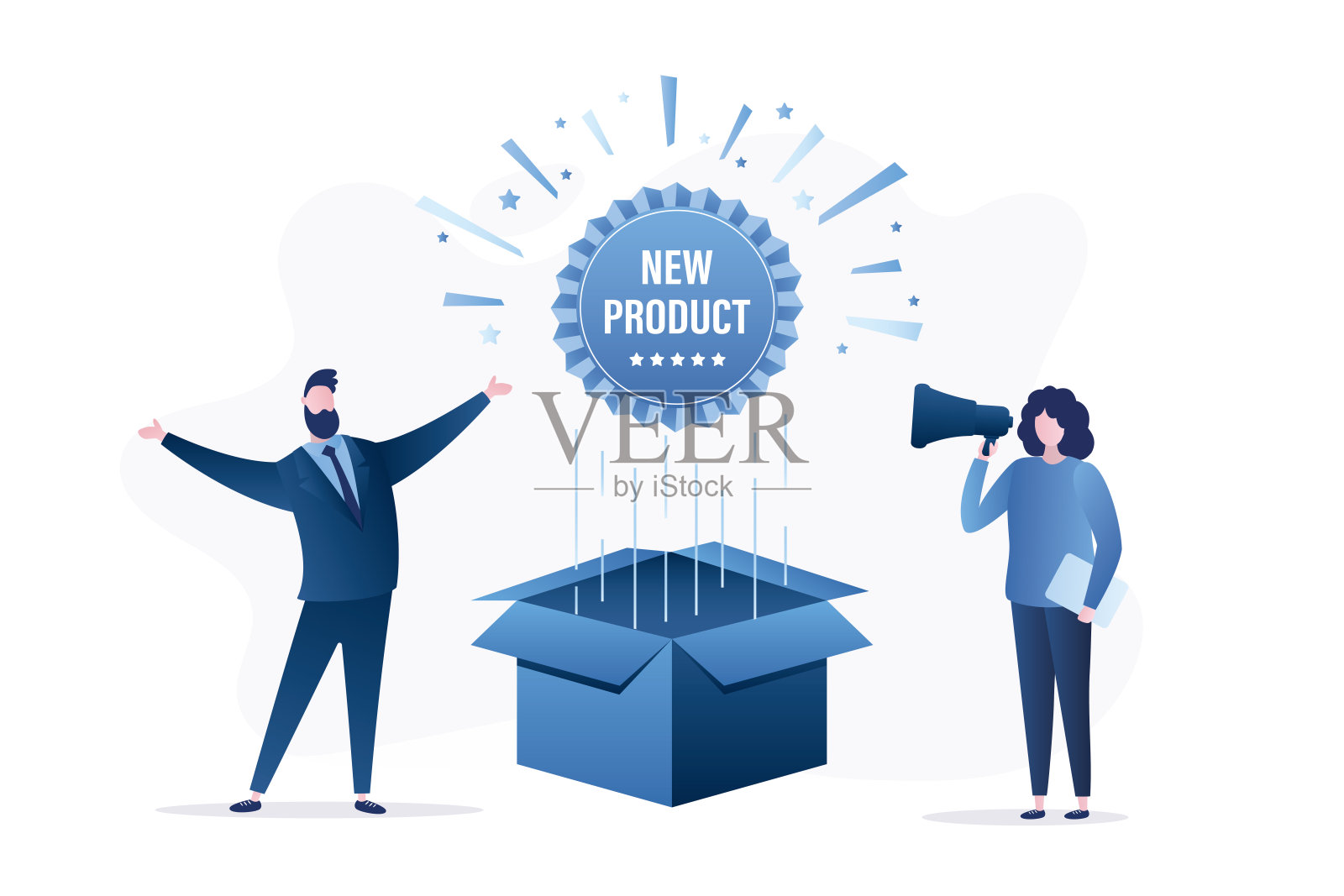 展示新产品的自信商人。开了大标签的纸板箱。业务推广、市场营销活动。演讲活动。两个创意人员或开发人员。插画图片素材