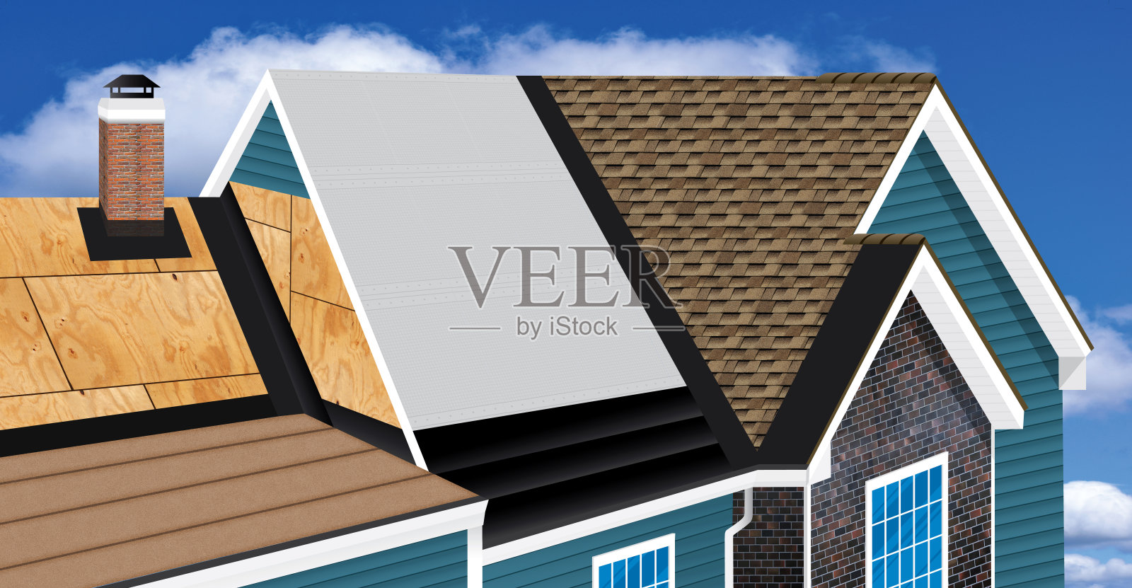 屋顶屋顶建筑维修与瓦，纸，胶合板，冰盾和闪光照片摄影图片