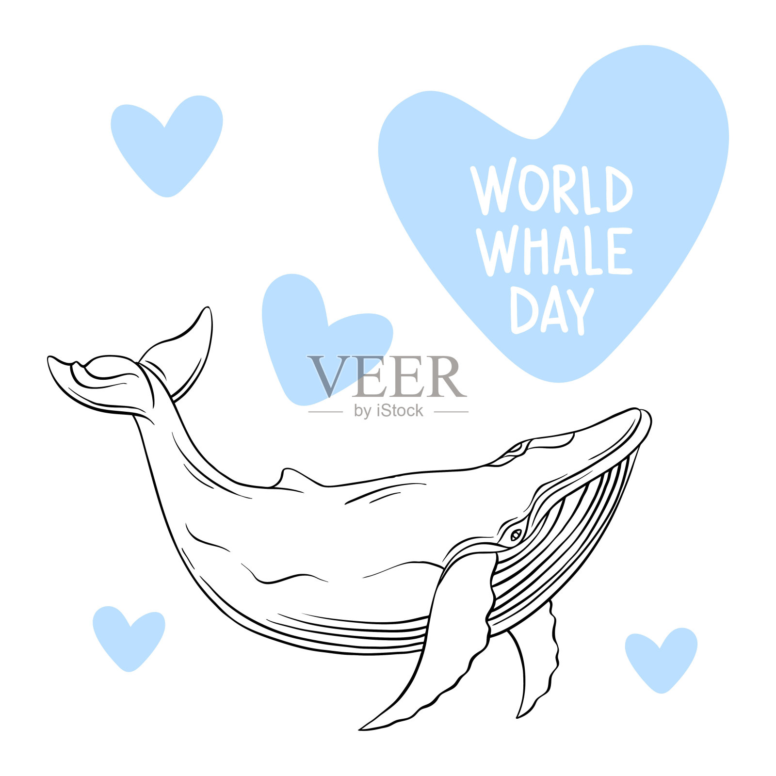 鲸鱼是用线性艺术的风格画的。矢量插图在白色背景。有铭文的鲸目动物——世界鲸鱼日设计元素图片