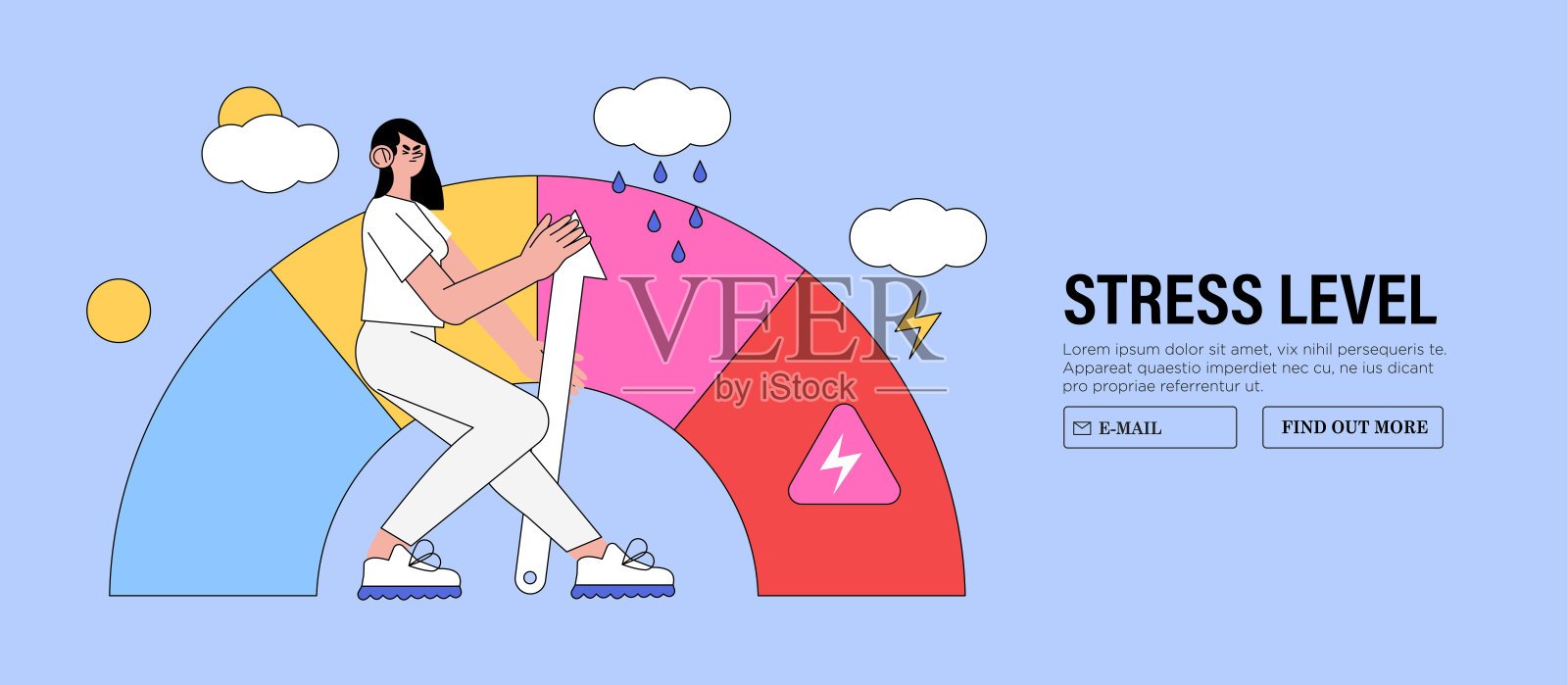 情绪超载和倦怠的概念。女性卡通人物试图把压力水平降低到减少数字。女人感到疲惫和筋疲力尽的工作或家庭问题矢量插图。插画图片素材