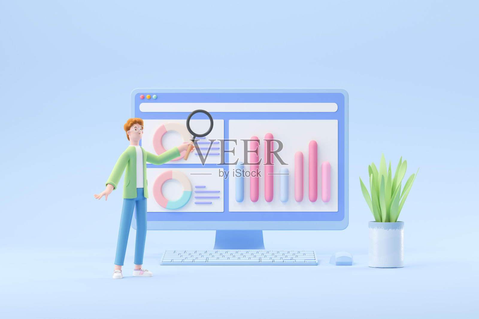 3d卡通人物和电脑打开页面，网页分析，SEO优化，仪表盘和业务财务报告，3d渲染插图。照片摄影图片