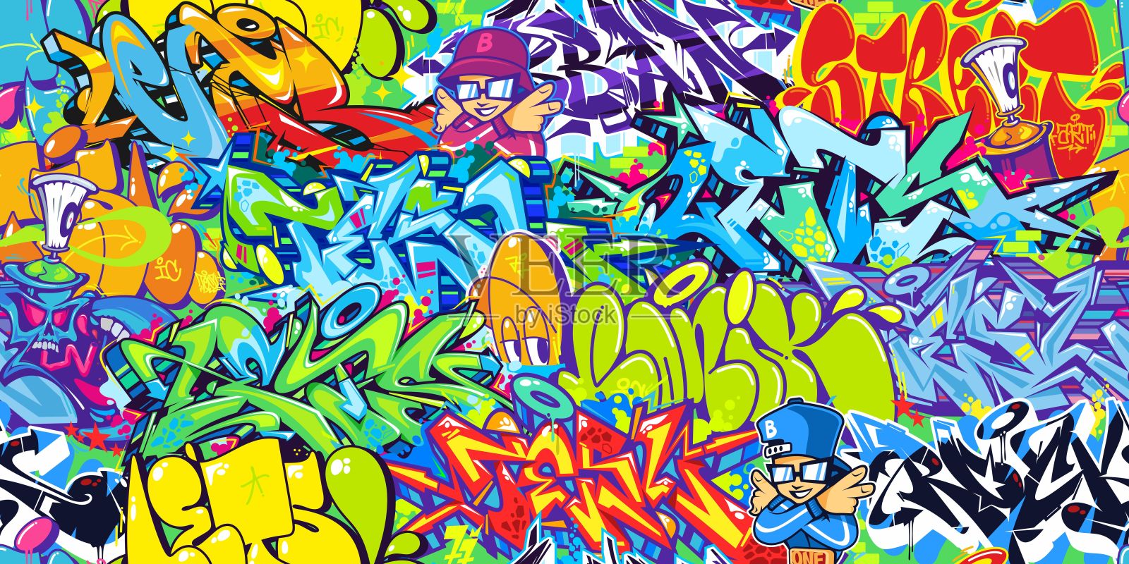 平面无缝彩色现代抽象城市风格嘻哈街头涂鸦艺术模式。矢量插图背景模板插画图片素材