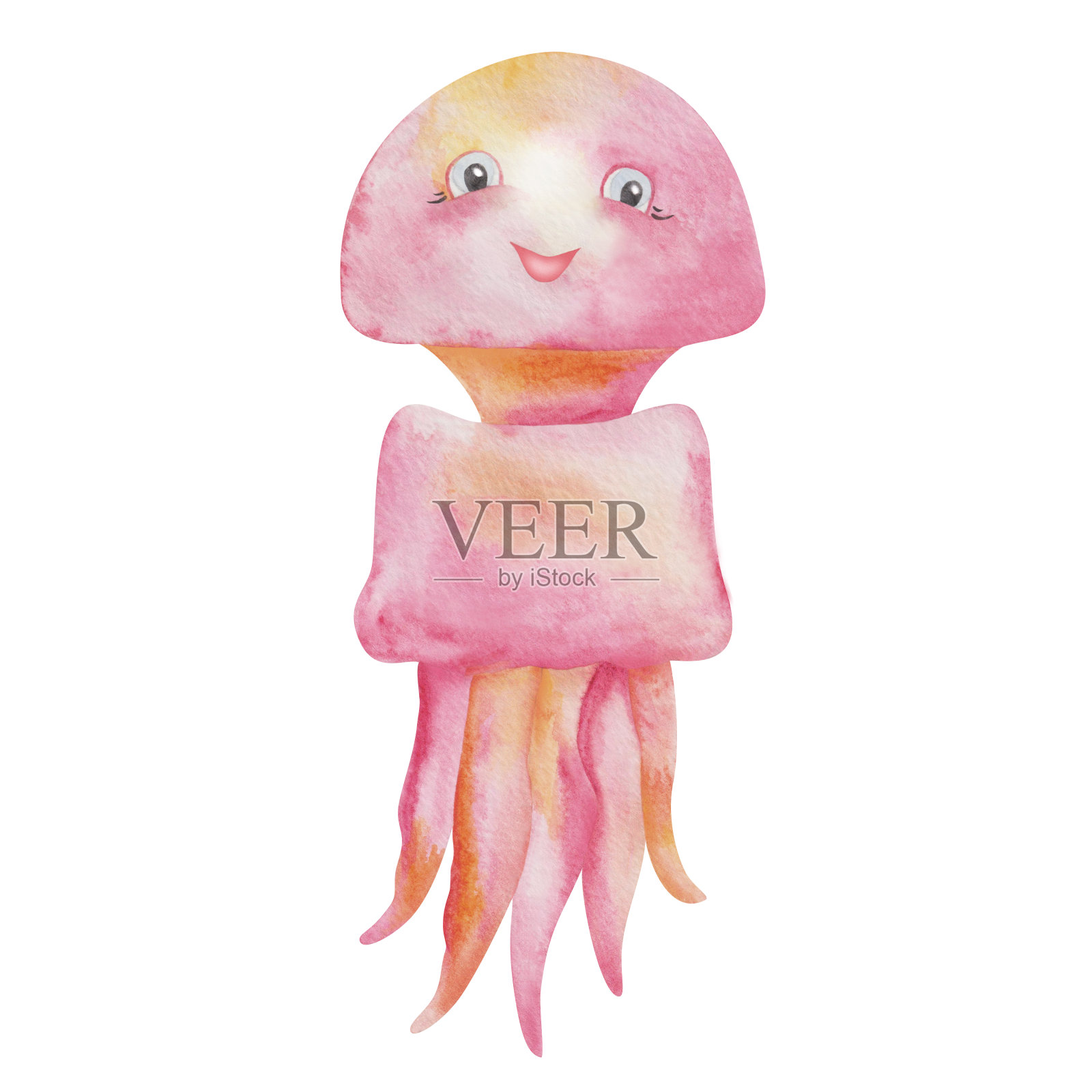 手绘粉色水母的水彩插图。卡通人物鱼有脸，微笑。海洋生物，海洋生物。孤立剪贴艺术元素为儿童织物纺织品印花，明信片插画图片素材