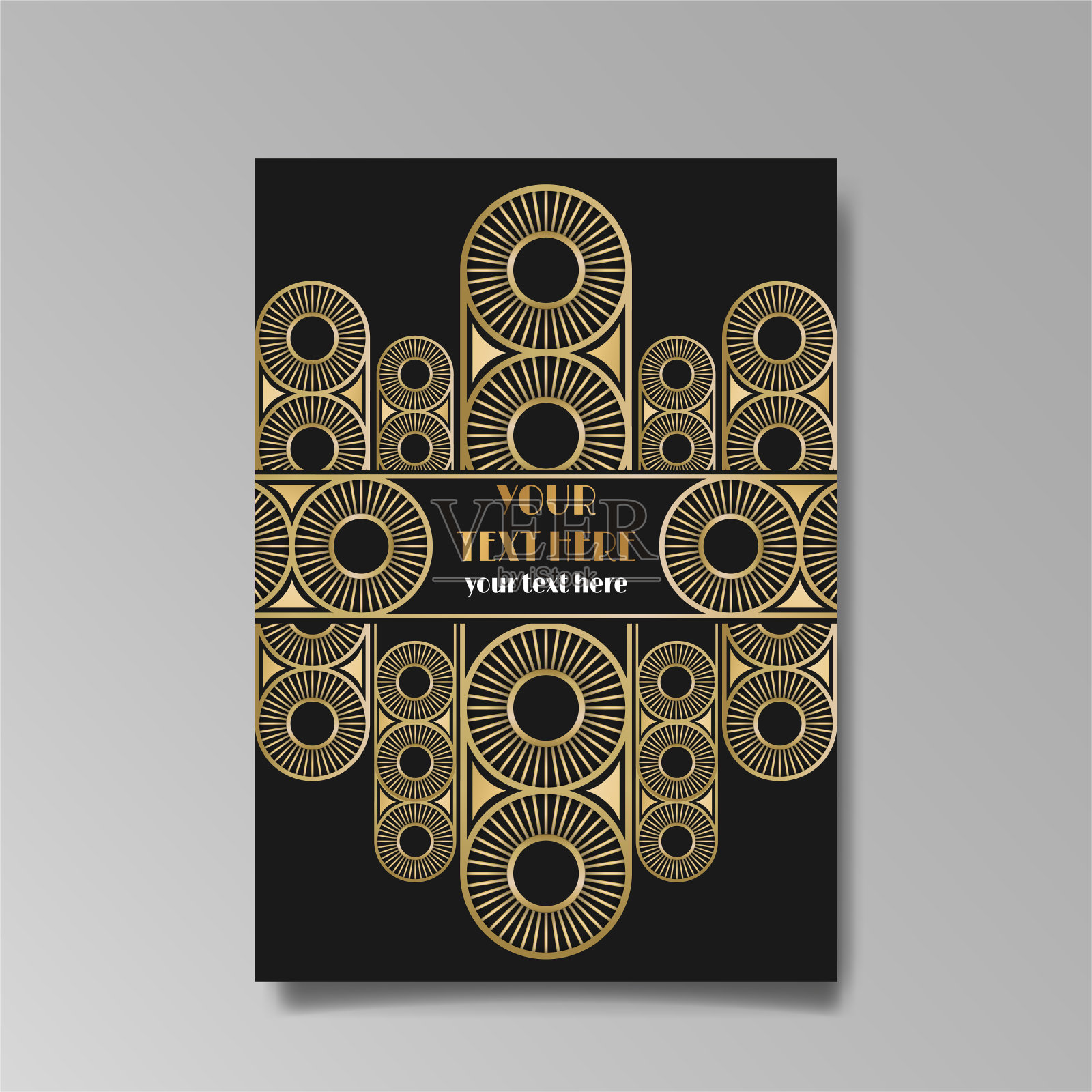 装饰艺术模板金黑色，A4页，菜单，卡片，邀请函，太阳和城市灯光，装饰艺术风格的新艺术，插画图片素材