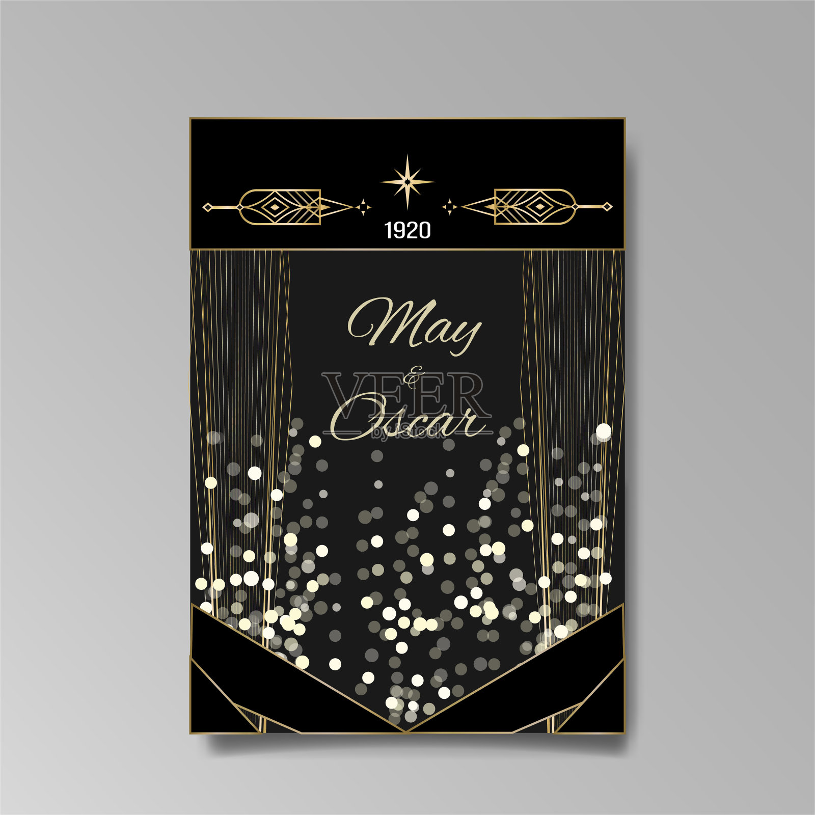 装饰艺术模板金黑白色，A4页，菜单，卡，邀请，太阳和城市灯光在一个艺术decart Nuevo风格插画图片素材