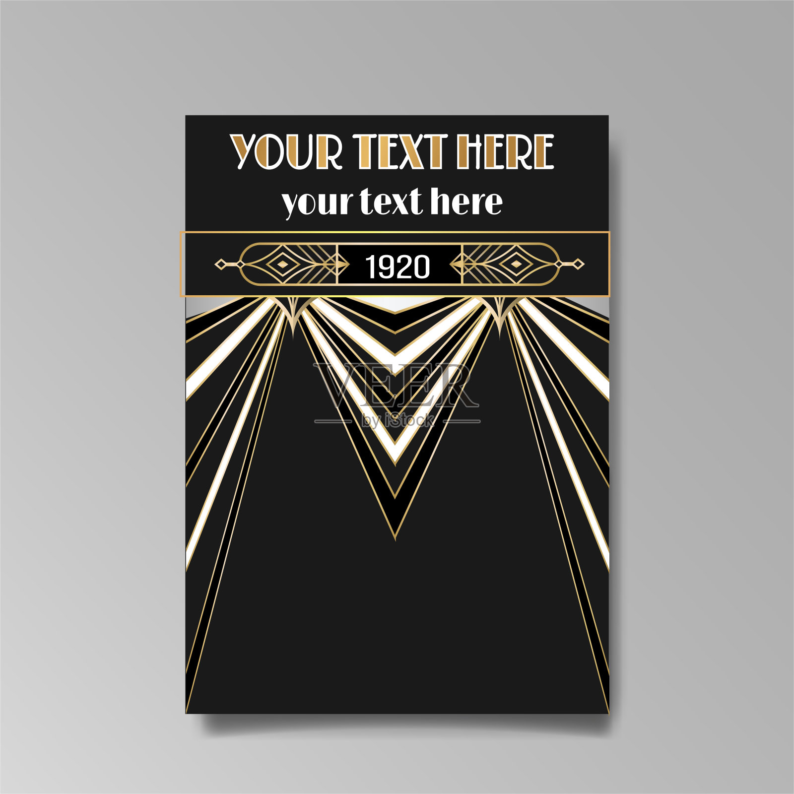 装饰艺术模板金黑白色，A4页，菜单，卡，邀请，太阳和城市灯光在一个艺术decart Nuevo风格设计模板素材