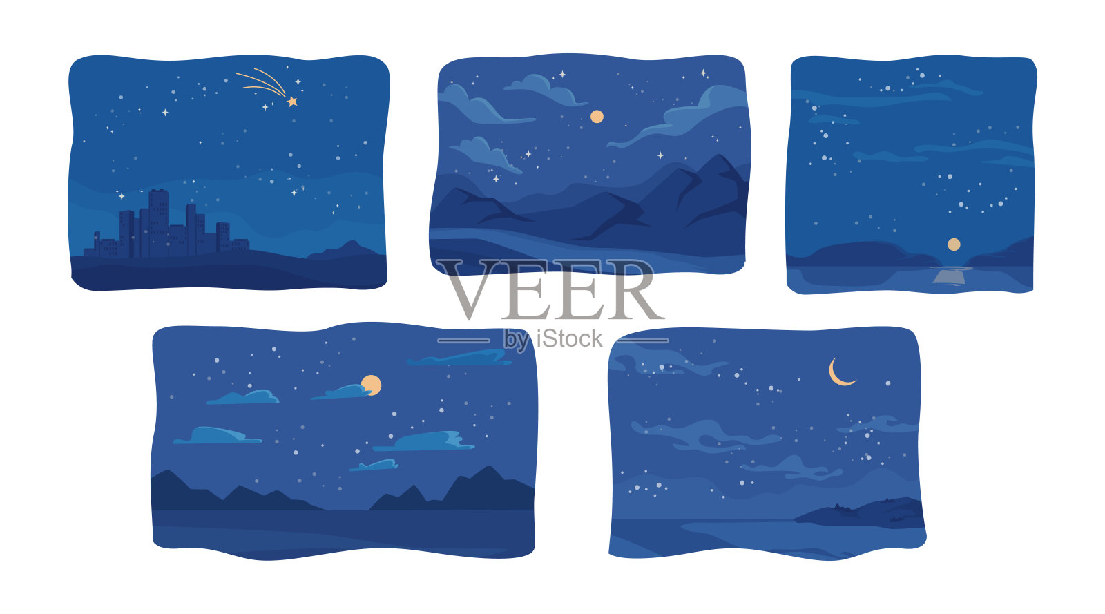 乡村和城市景观星空布满天体、满月和云。山清水秀，公园自然风光旖旎。观测银河系和行星。平面样式的矢量插画图片素材