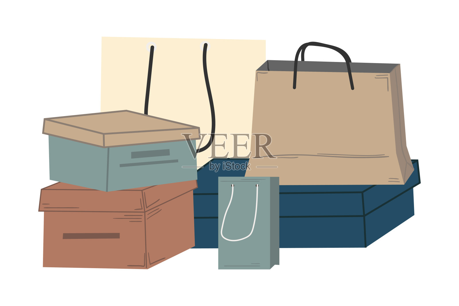 鞋盒子。卡通堆栈的礼物和购物纸袋，杂货包装购买和礼物。成堆的商店包装和纸板容器，矢量插图插画图片素材