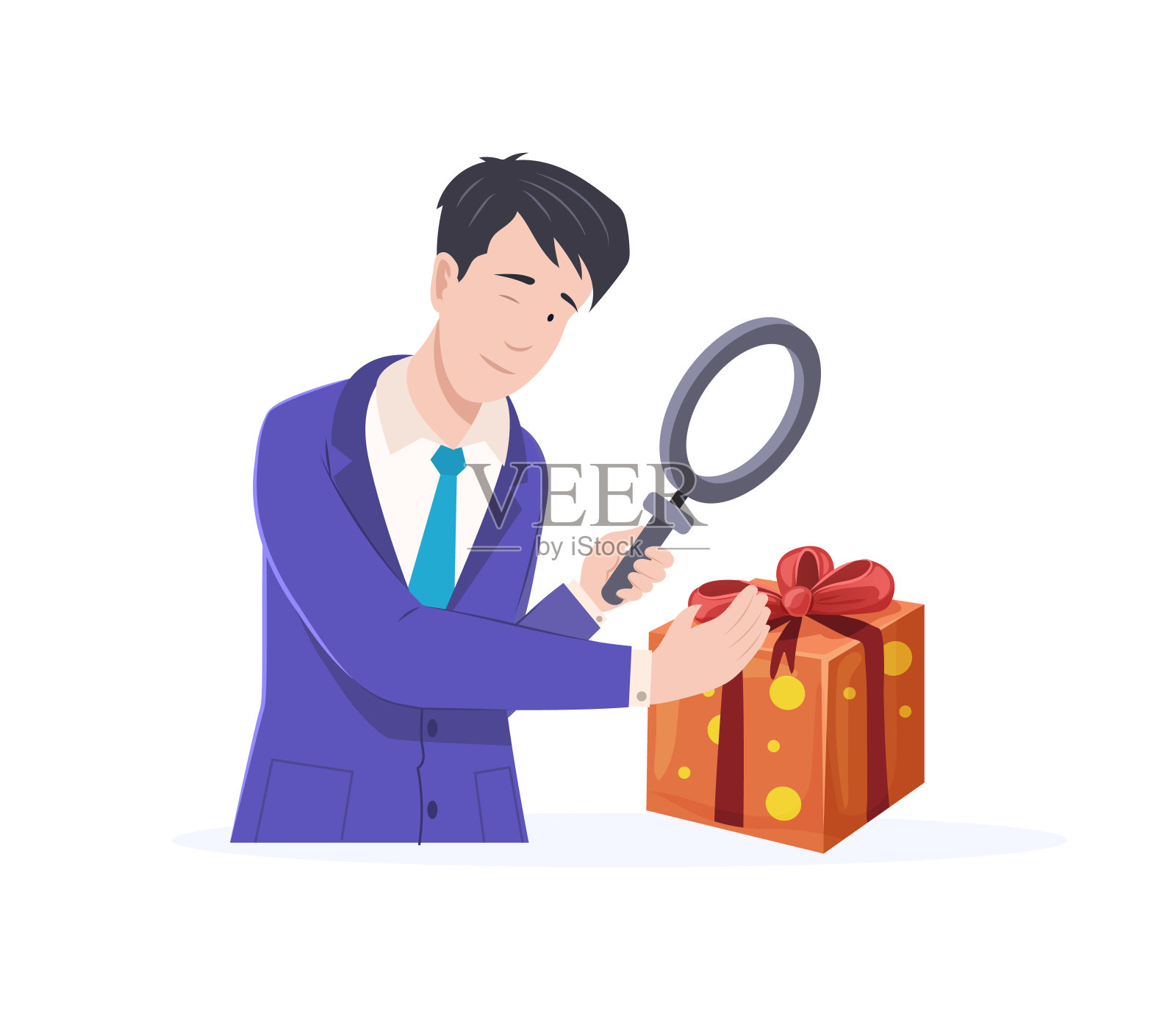 商人用放大镜看礼品盒插画图片素材