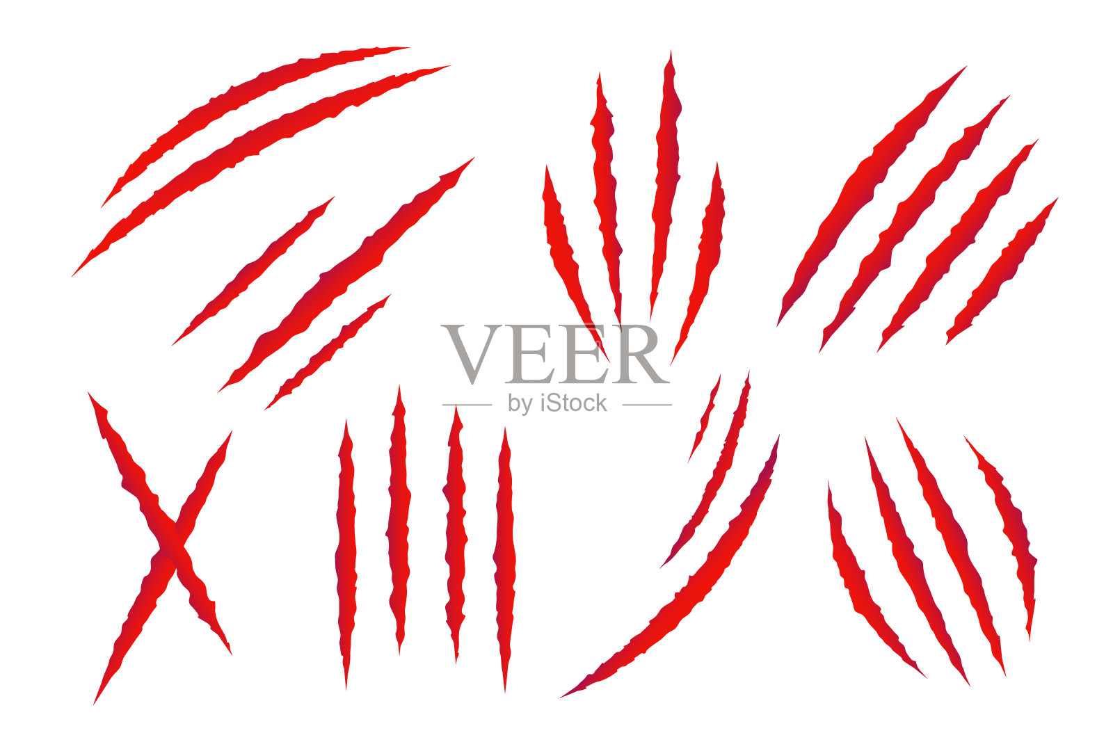 猫抓伤。动物爪标记收集在红色。怪物或恐龙攻击斜线条纹的白色背景。矢量图插画图片素材