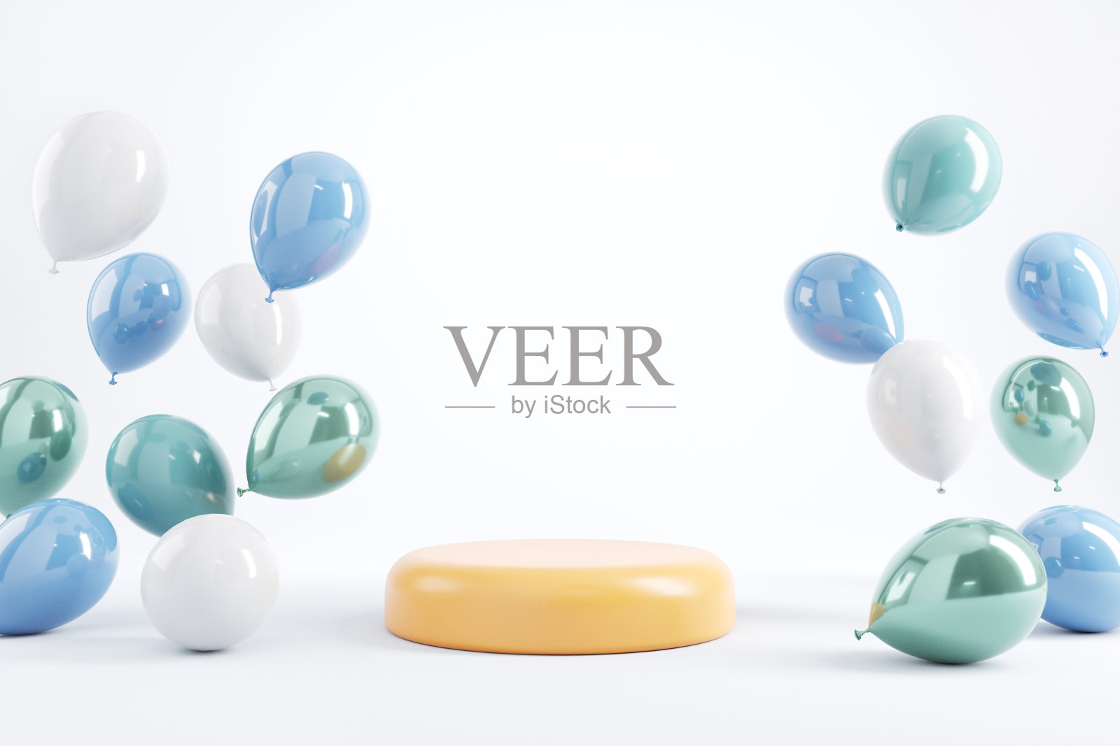 生日聚会背景，粉彩讲台和气球在白色背景。3d渲染，复制空间。照片摄影图片