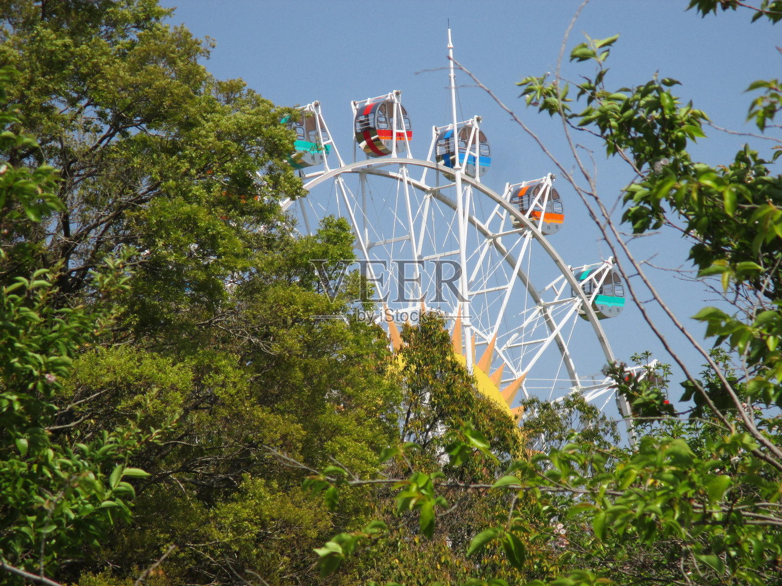 春天的蓝天下，摩天轮缓缓旋转照片摄影图片