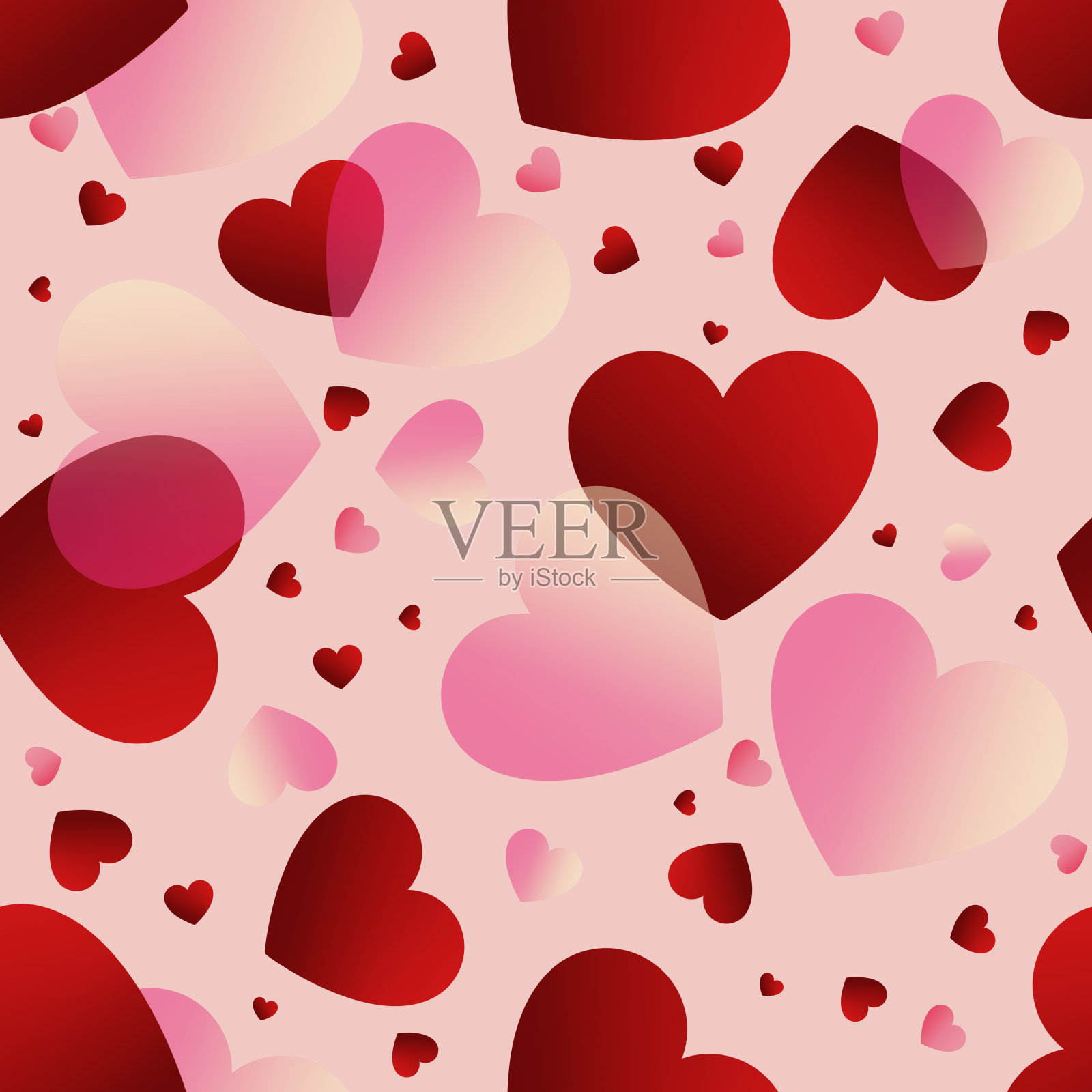 情人节。红色和粉红色玫瑰梯度心在黑色背景无缝背景。心纹理无缝的爱的背景与红色的心插画图片素材