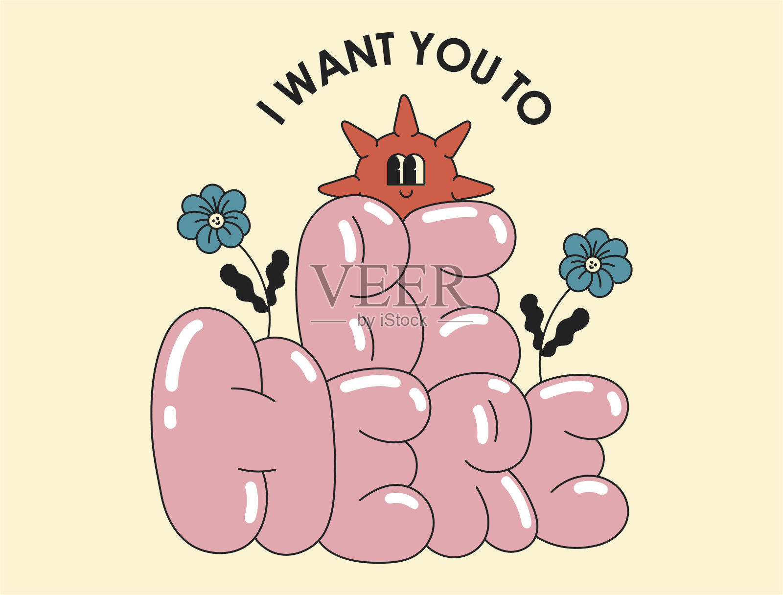 插图文字，微笑的太阳和鲜花。我希望你在这里。插画图片素材