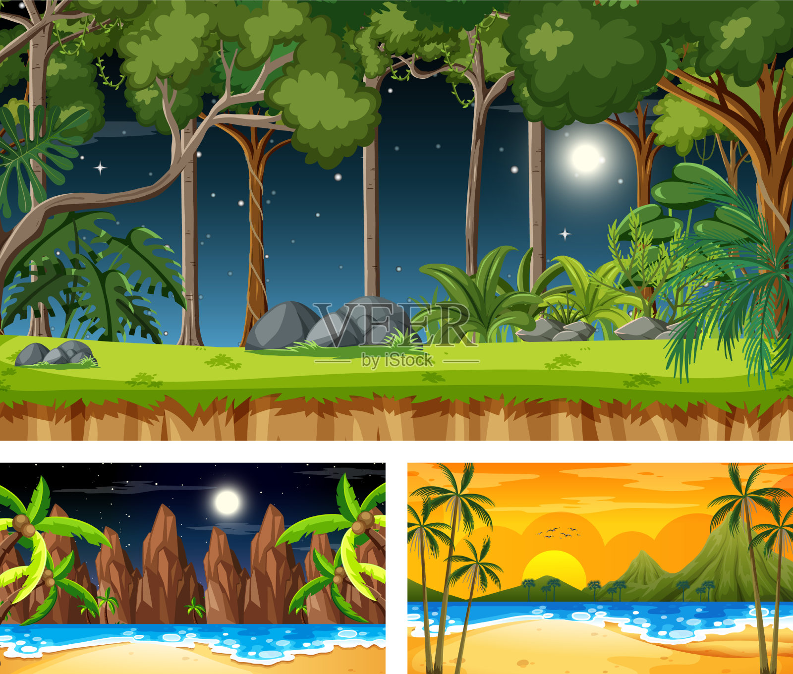 漫画中不同的自然水平场景插画图片素材