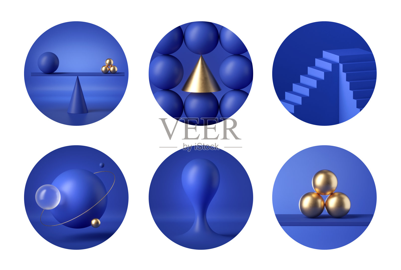 3d渲染，蓝色黄金几何形状，组合的圆形贴纸，图标的社会帐户设计。孤立在白色背景上的圆圈照片摄影图片