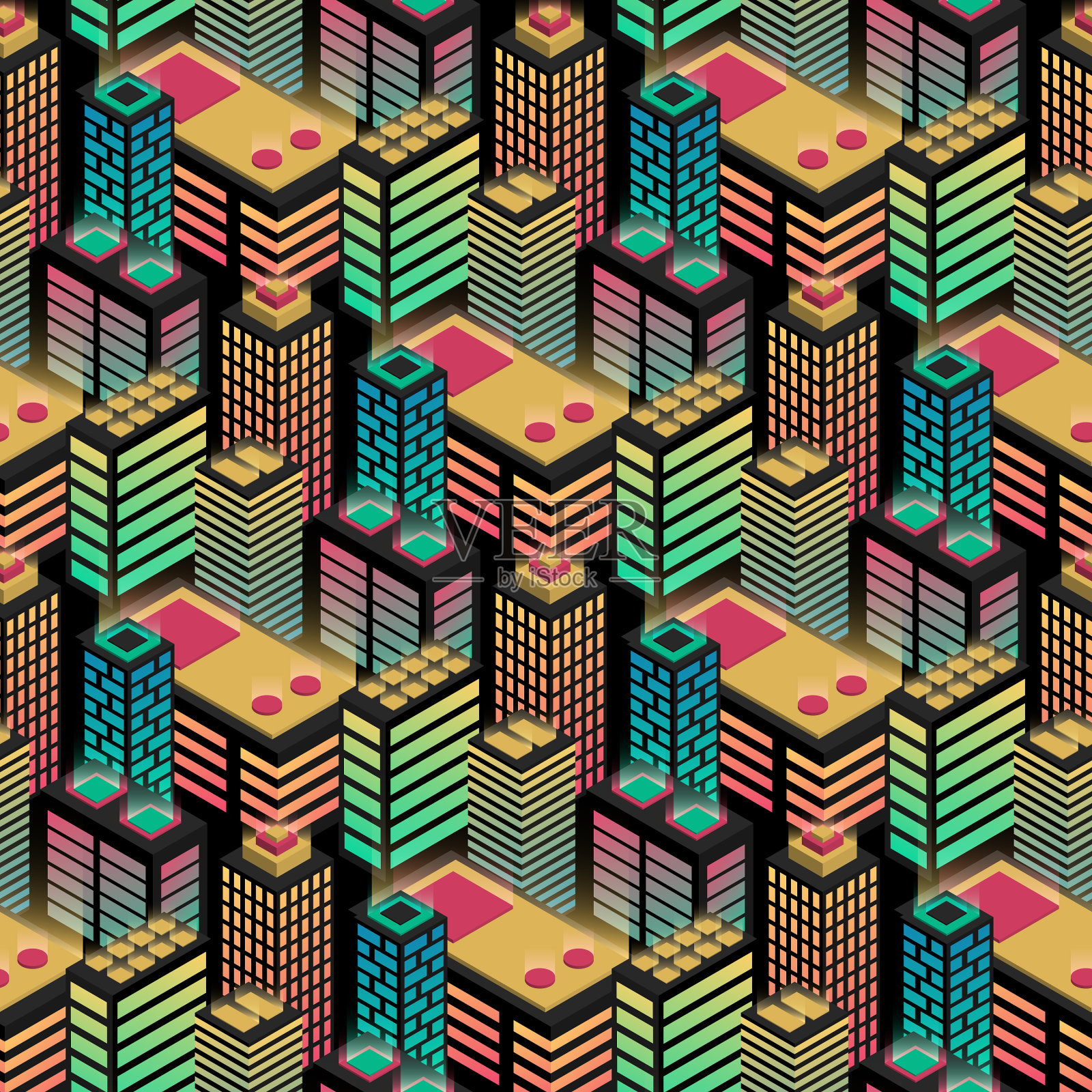 无缝城市格局等距绿色霓虹灯插画图片素材