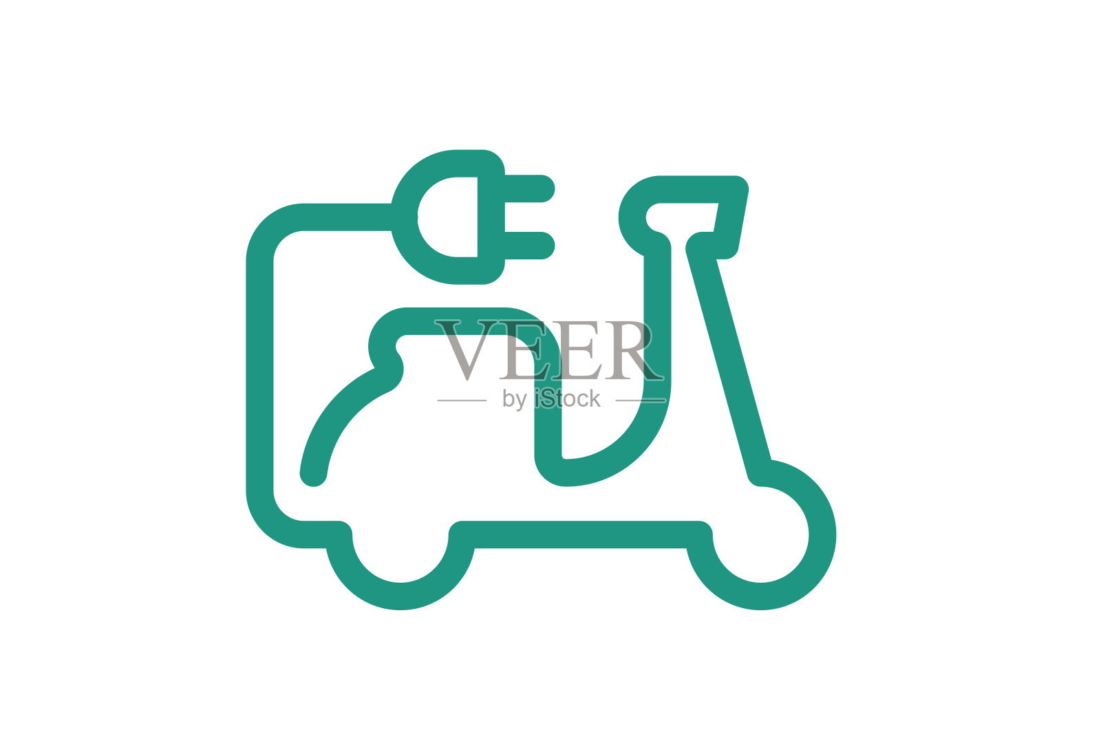 电动摩托车图标。绿色电缆电动助力车外形和插头充电符号。环保电动摩托车标志概念。矢量电池电动汽车运输插图插画图片素材